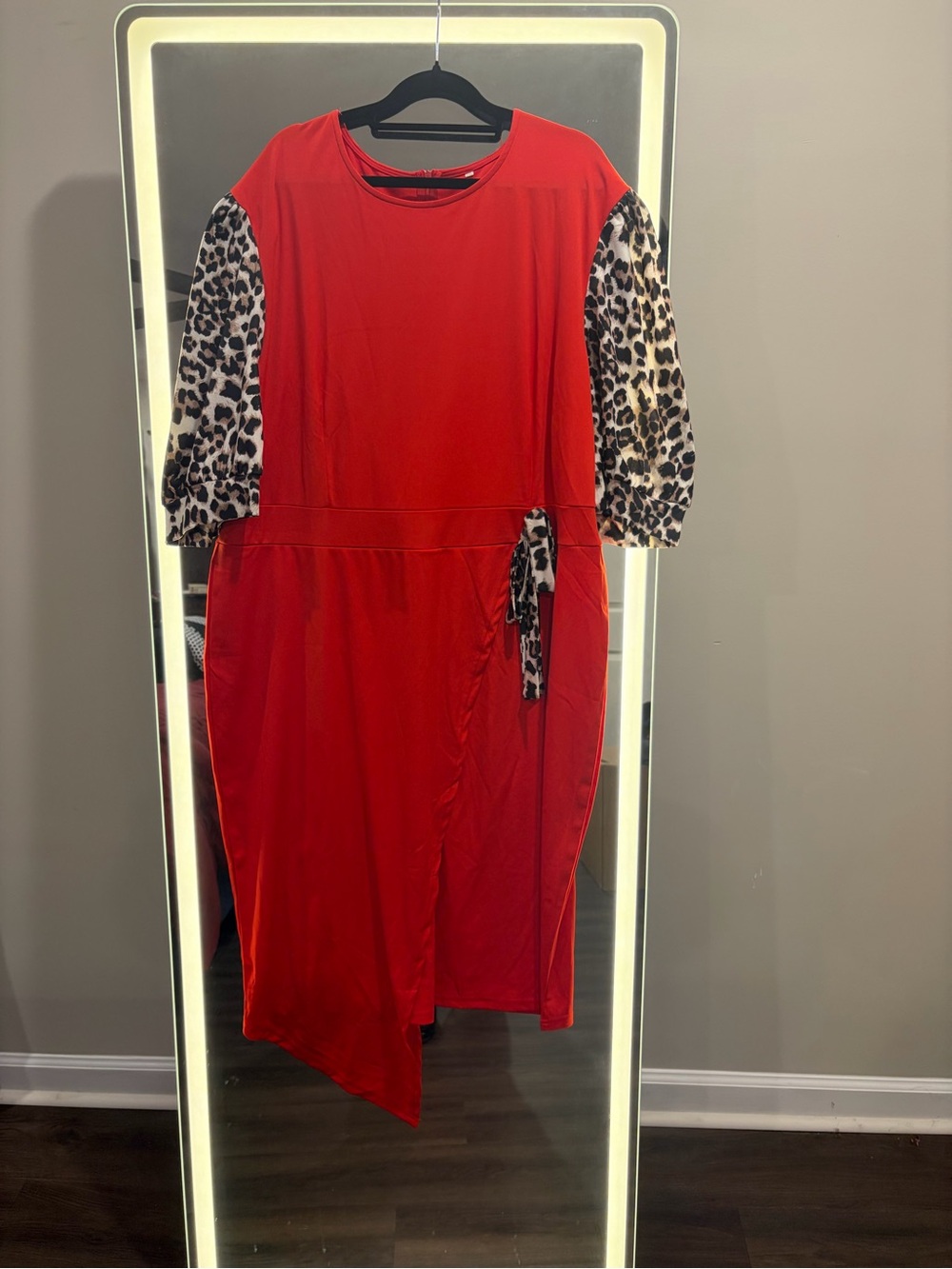 SHEIN Red Asymmetrical Midi Dress with Leopard-Print Sleeves